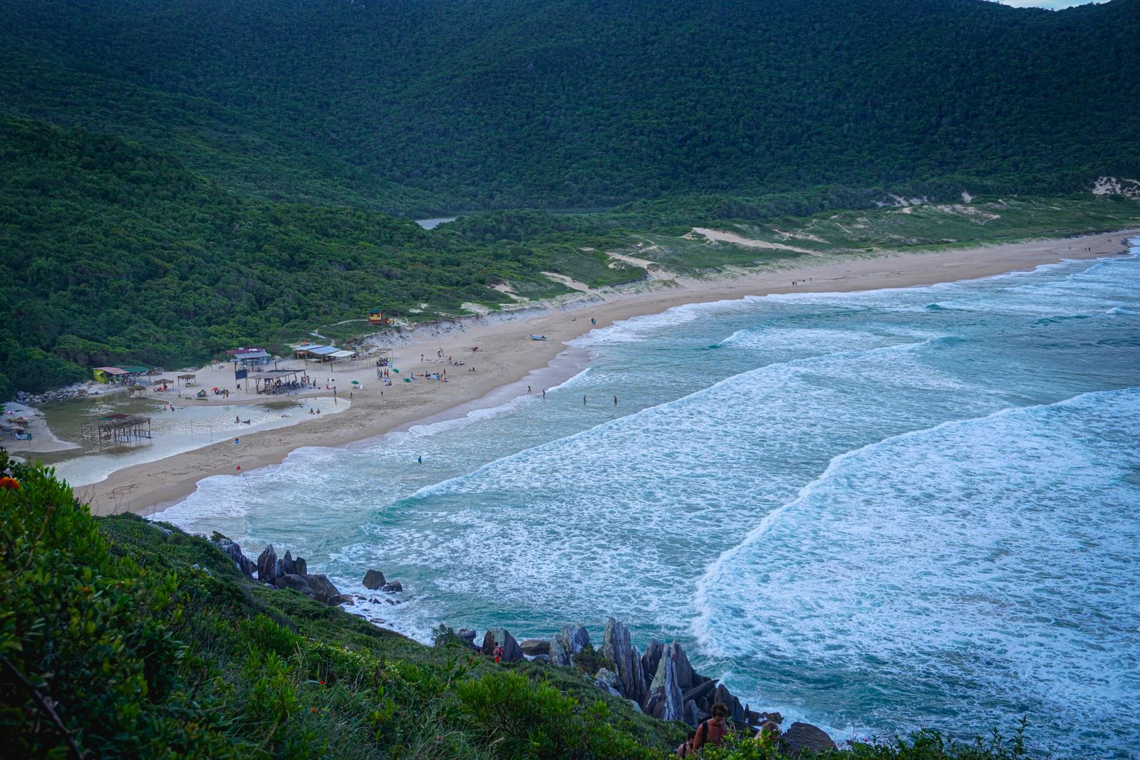An aerial view of surf breaking along a long beach below forested hills in Florianópolis. Photo by Martin.que on Pexels.