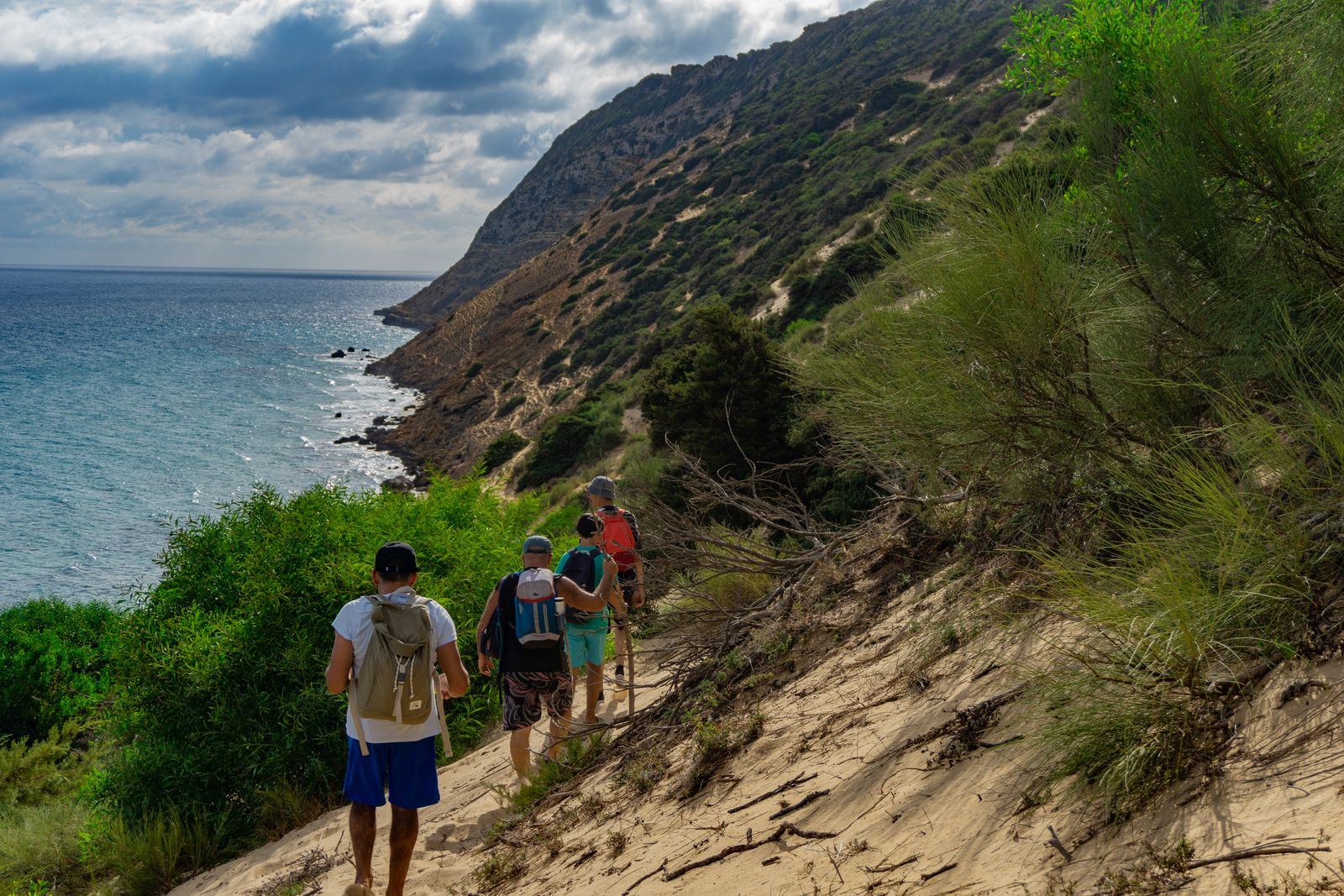 Four walkers on a narrow trail along a steep green headland above the sea. Photo by Marwen Larafa on Pexels.