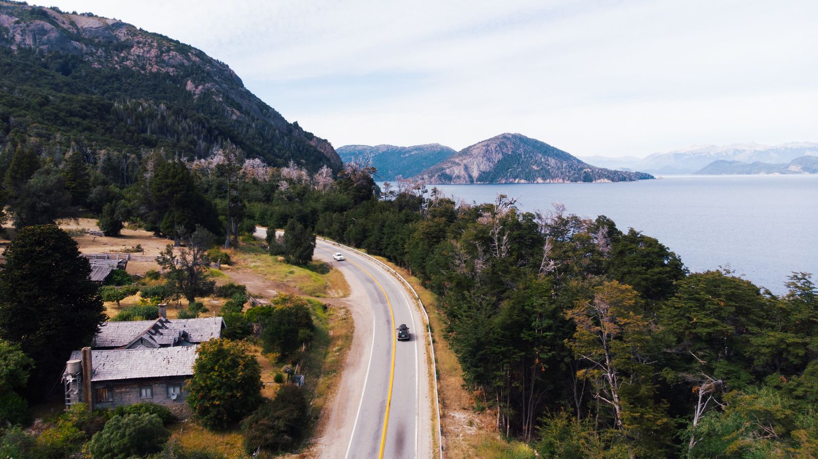 Un camino que bordea la costa boscosa de un lago hacia una punta, con casas entre los arboles. Foto de Ton Souza en Pexels.