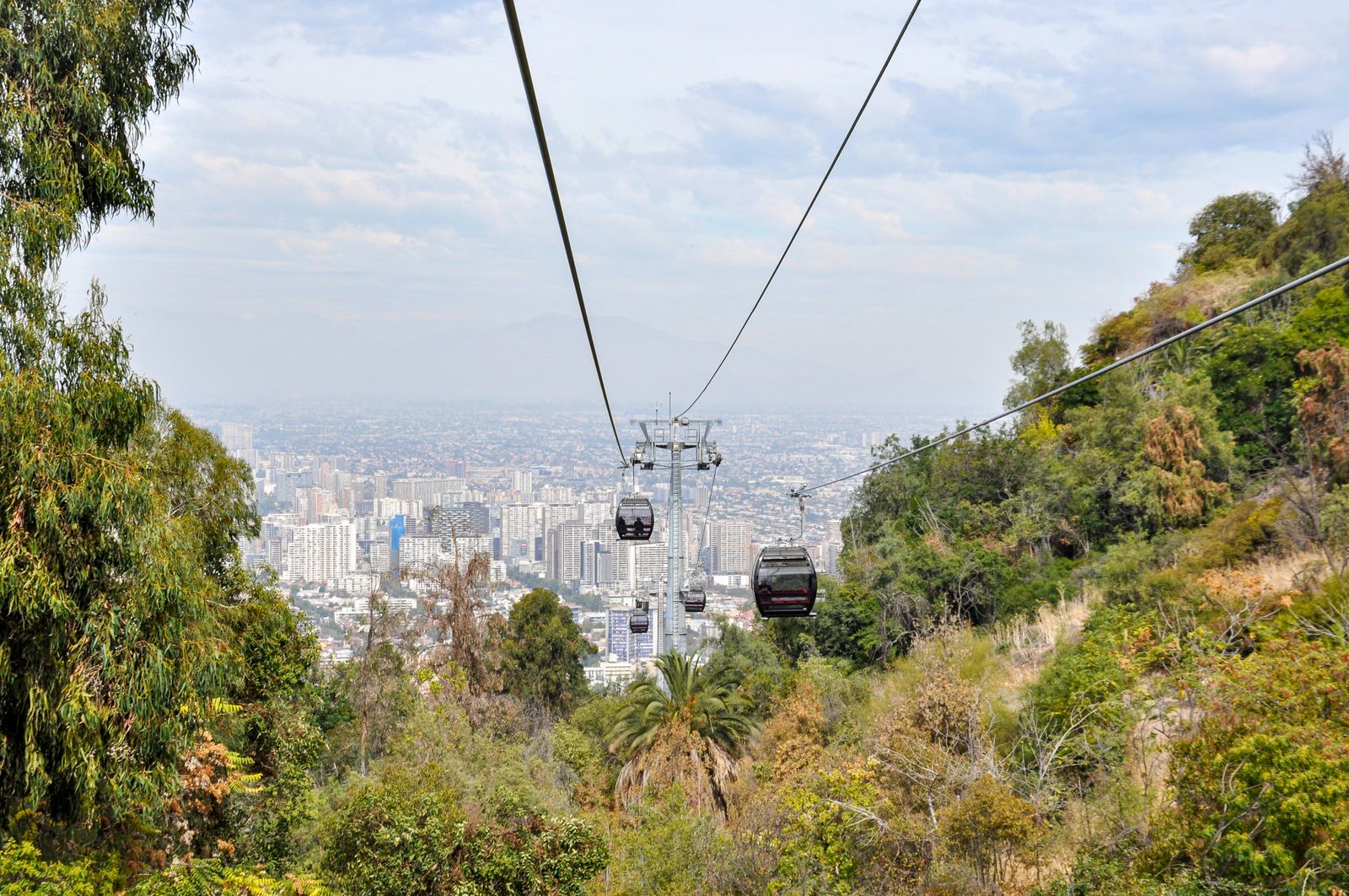 Cable cars crossing above the trees on Cerro San Cristóbal, with Santiago below. Photo by Nikolai Kolosov on Pexels.