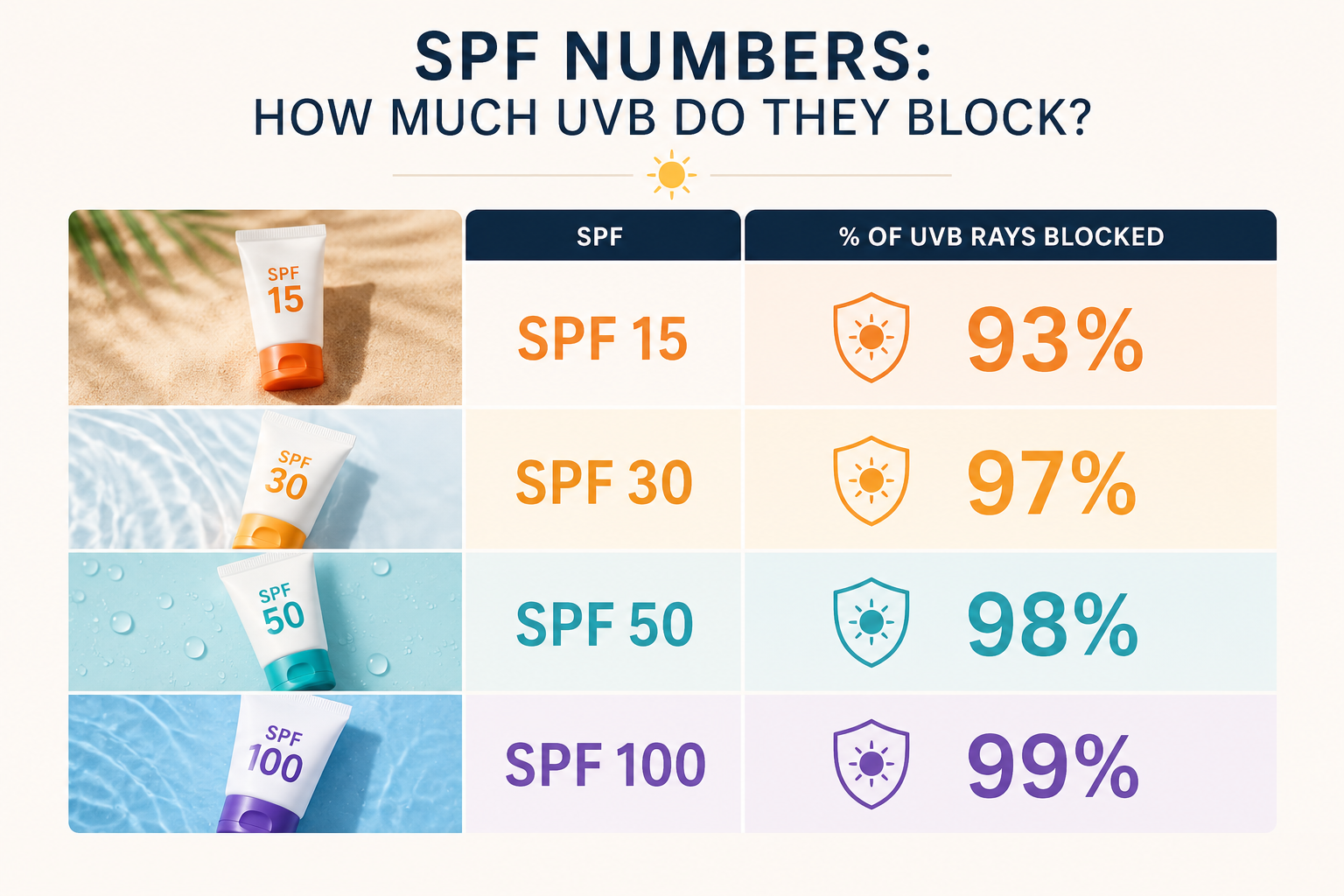 Infographic comparing SPF protection levels, showing that SPF 15 filters 93% of UVB rays, SPF 30 filters 97%, SPF 50 filters 98%, and SPF 100 filters 99%, illustrating that higher SPF provides only a small increase in UVB protection.