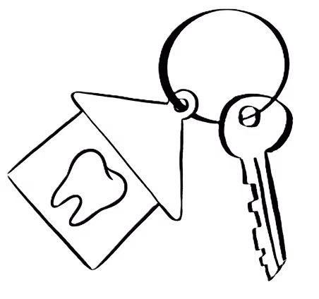Key on a ring attached to a house-shaped keychain with a tooth symbol inside.
