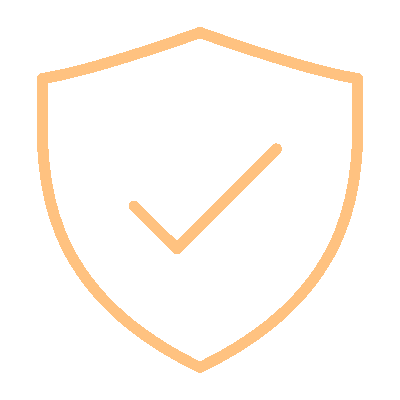 Orange outline of a shield with a checkmark inside representing security or trust.