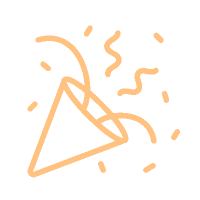Orange line art of a party popper releasing confetti and streamers.