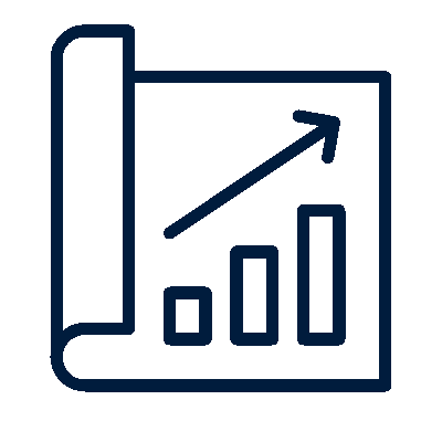 Icon of a rolled-up chart showing a bar graph with ascending bars and an upward arrow.