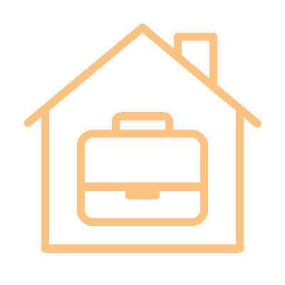 Orange outline of a house with a briefcase icon inside, symbolizing work from home.