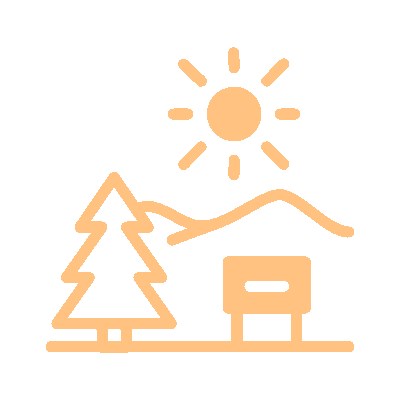 Simple orange icon of a tree, sun, and hills on black background.