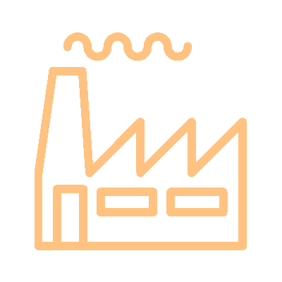 Simple orange factory icon with chimney emitting smoke on black background.