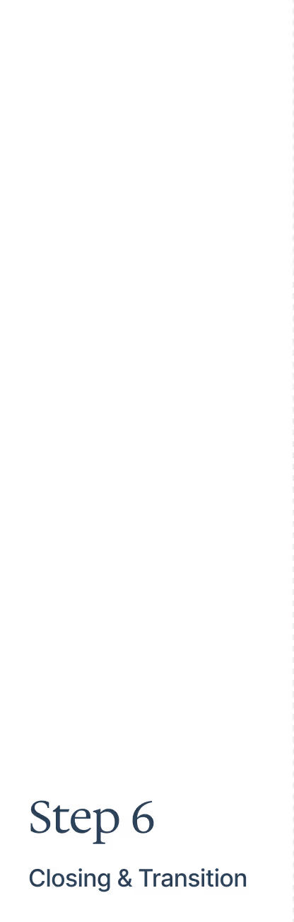 Step 6 text reading 'Closing & Transition' on a black background.