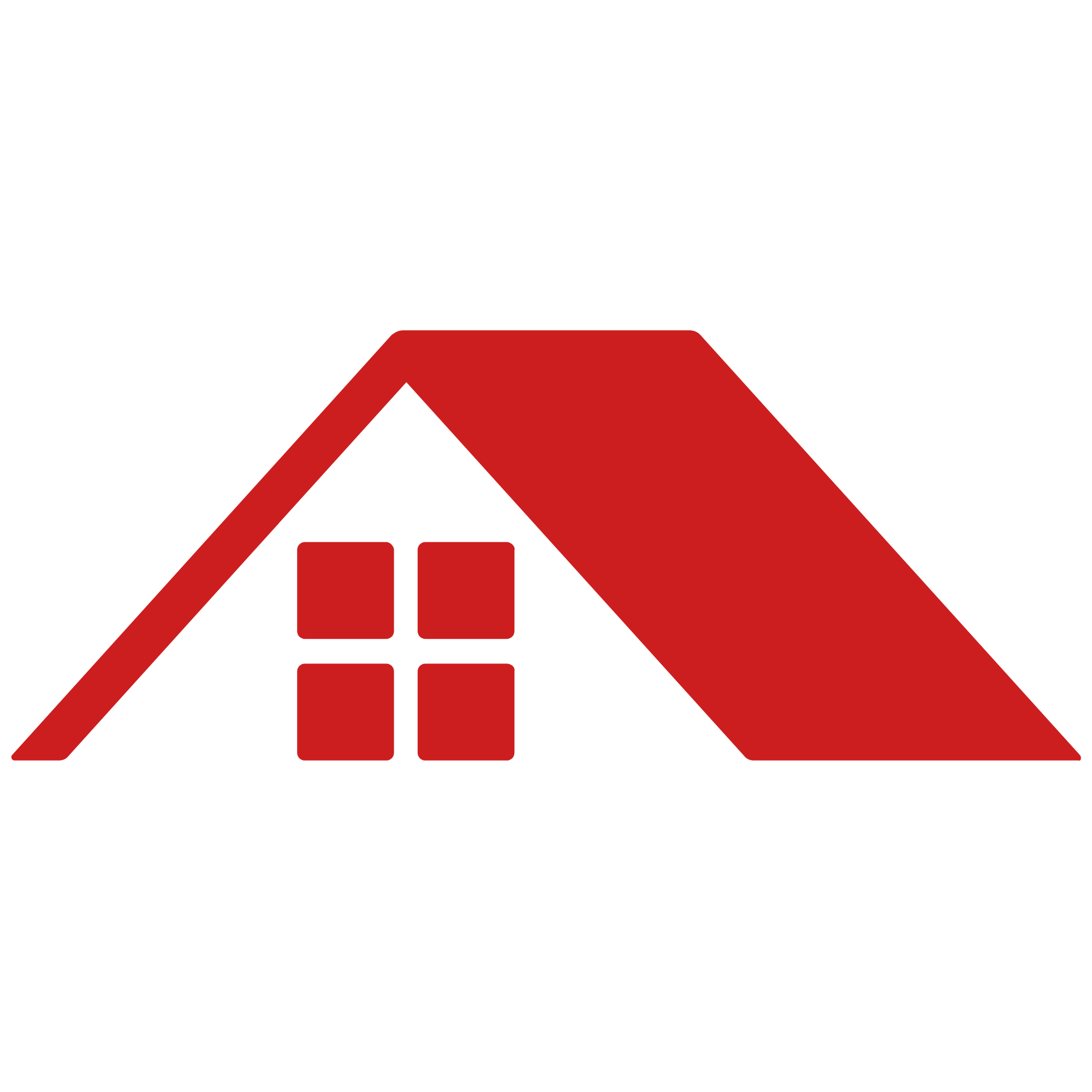Red house roof with four-panel window in black silhouette style.