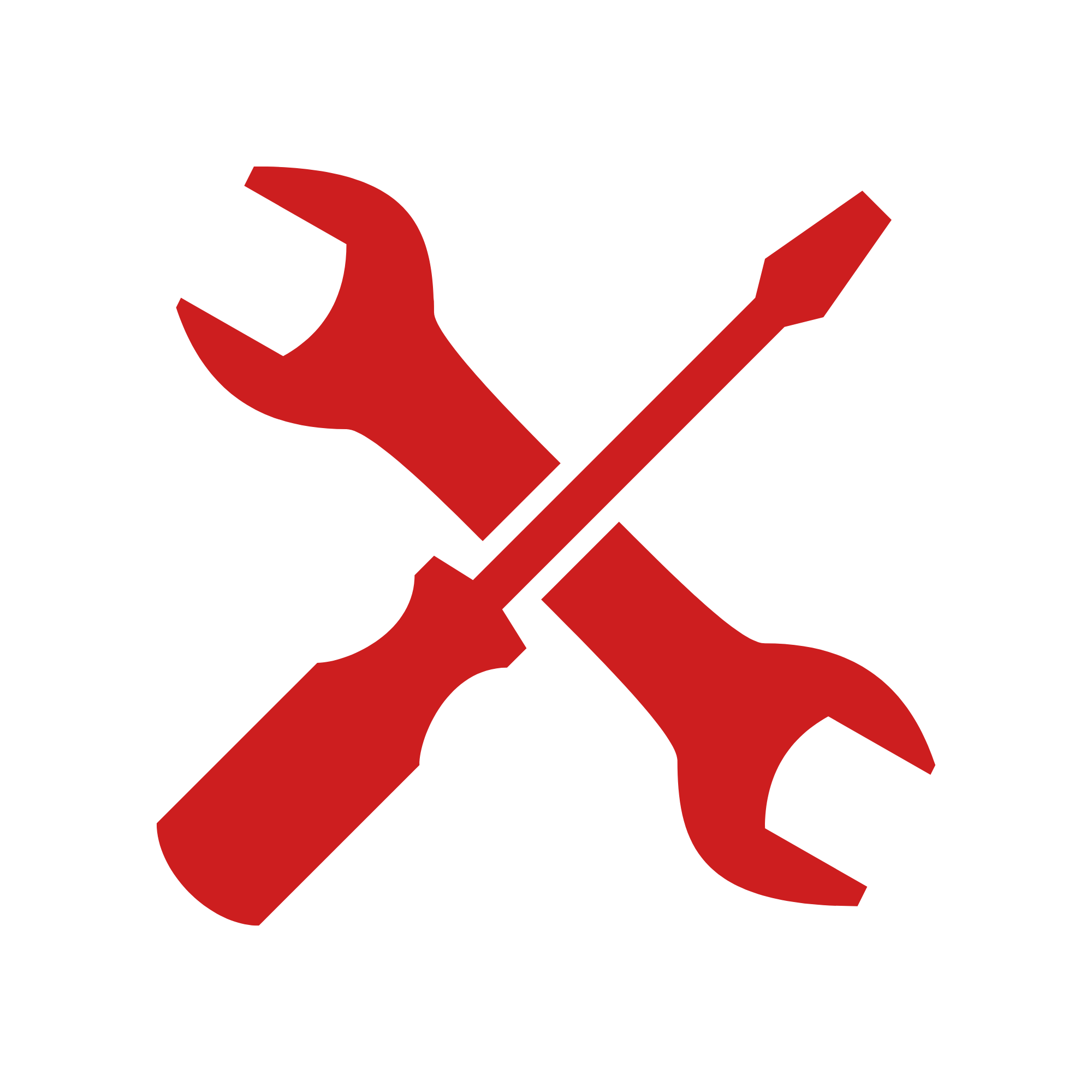 Red wrench and screwdriver crossed over black circular background symbolizing tools or settings.