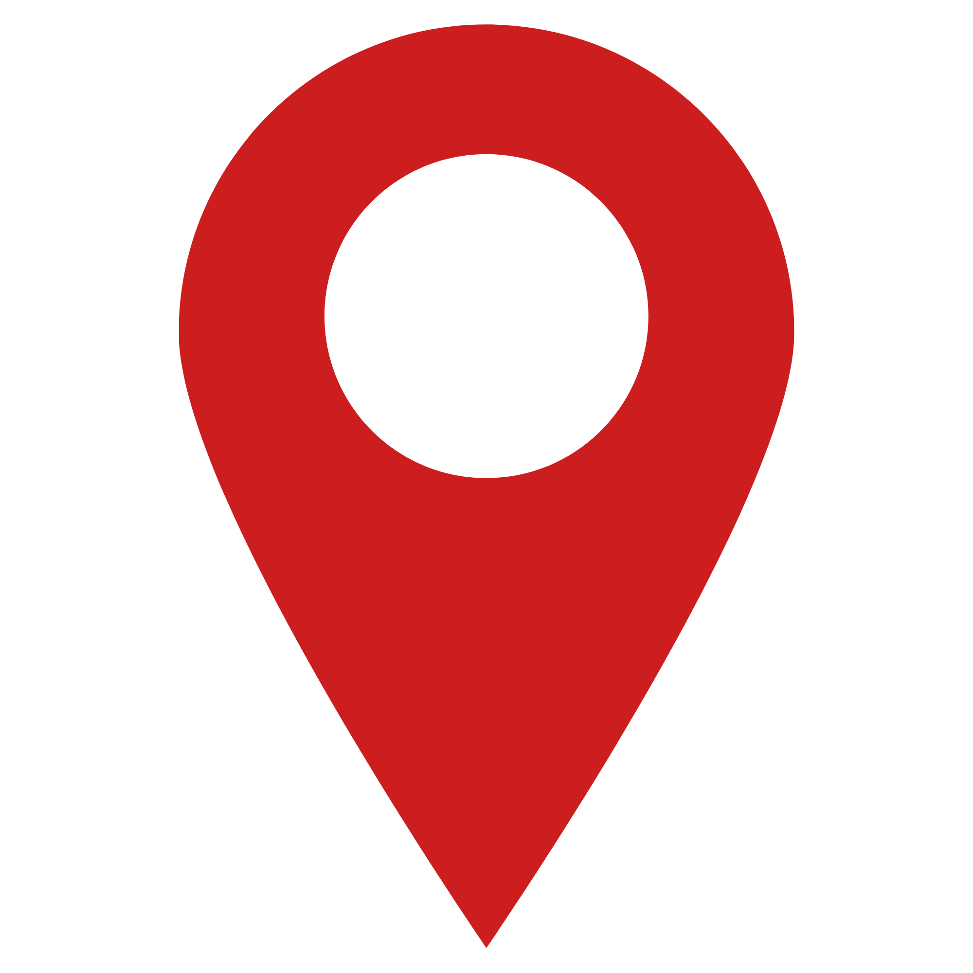 Red map location pin icon with a hollow center on black background.