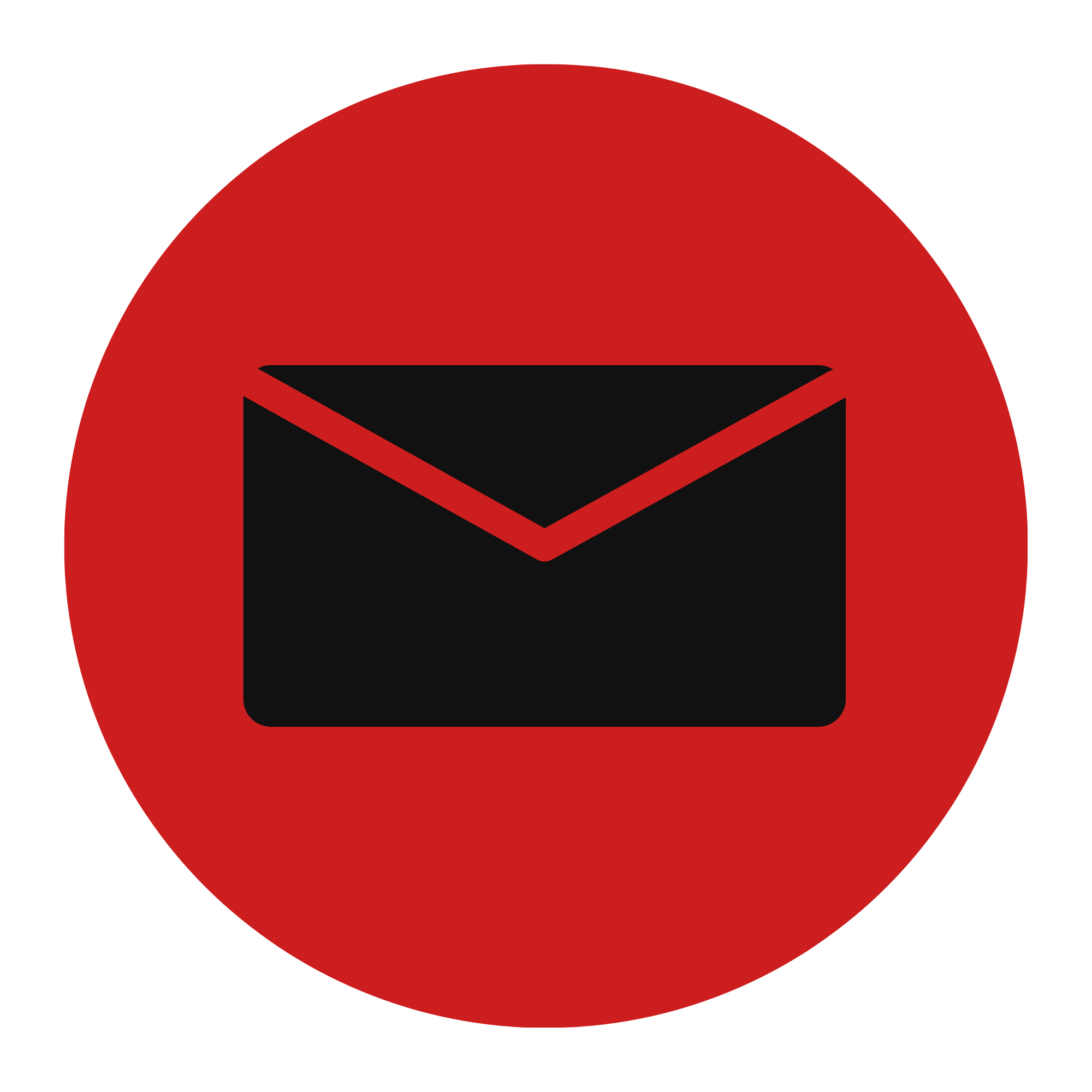 Black envelope icon centered on a solid red circular background.