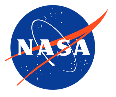 NASA insignia with white letters, red vector, and stars on a blue circle background.