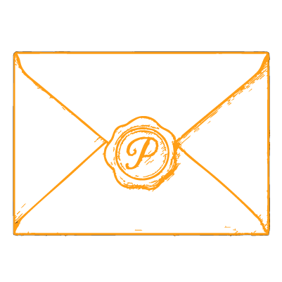 White envelope with an orange wax seal marked with the letter P on a black background.