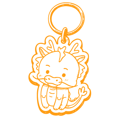 Cute orange and white dragon character keychain with a round metal ring.