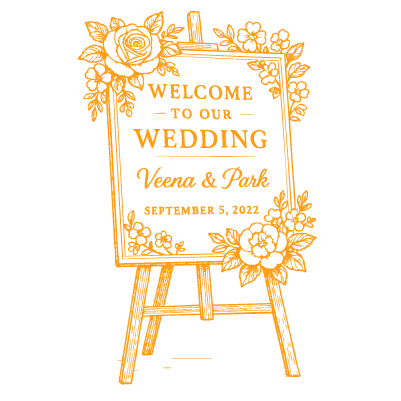 Wedding welcome board with floral border reading 'Welcome to our wedding Veena & Park September 5, 2022'.