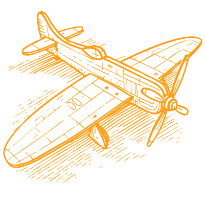 Orange line drawing of a vintage single-propeller airplane viewed from above.