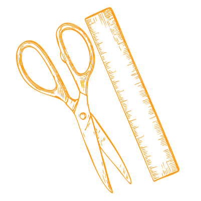Outlined orange sketch of a pair of scissors and a ruler on a black background.