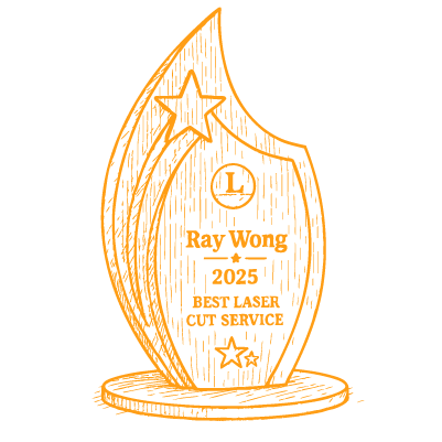 Wooden award trophy shaped like flame with star symbol and text for Ray Wong best laser cut service 2025.