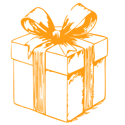 Illustration of a gift box wrapped with a ribbon and bow in orange outline style.