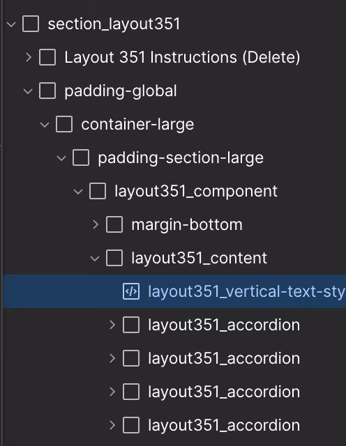 Code editor showing nested layout elements with folder icons and text labels in a dark theme.