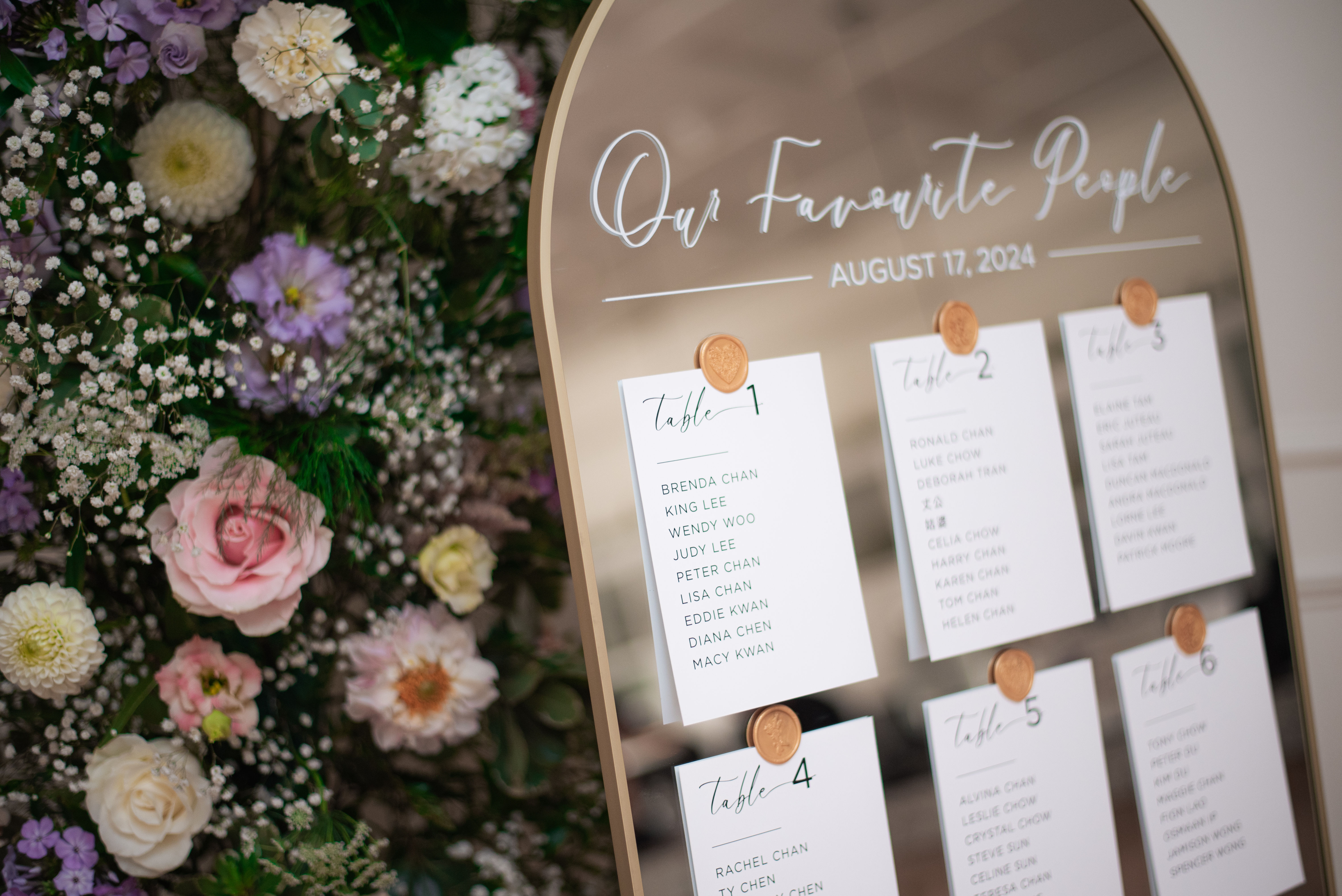 Wedding seating chart titled 'Our Favourite People' with floral arrangement and table lists dated August 17, 2024.