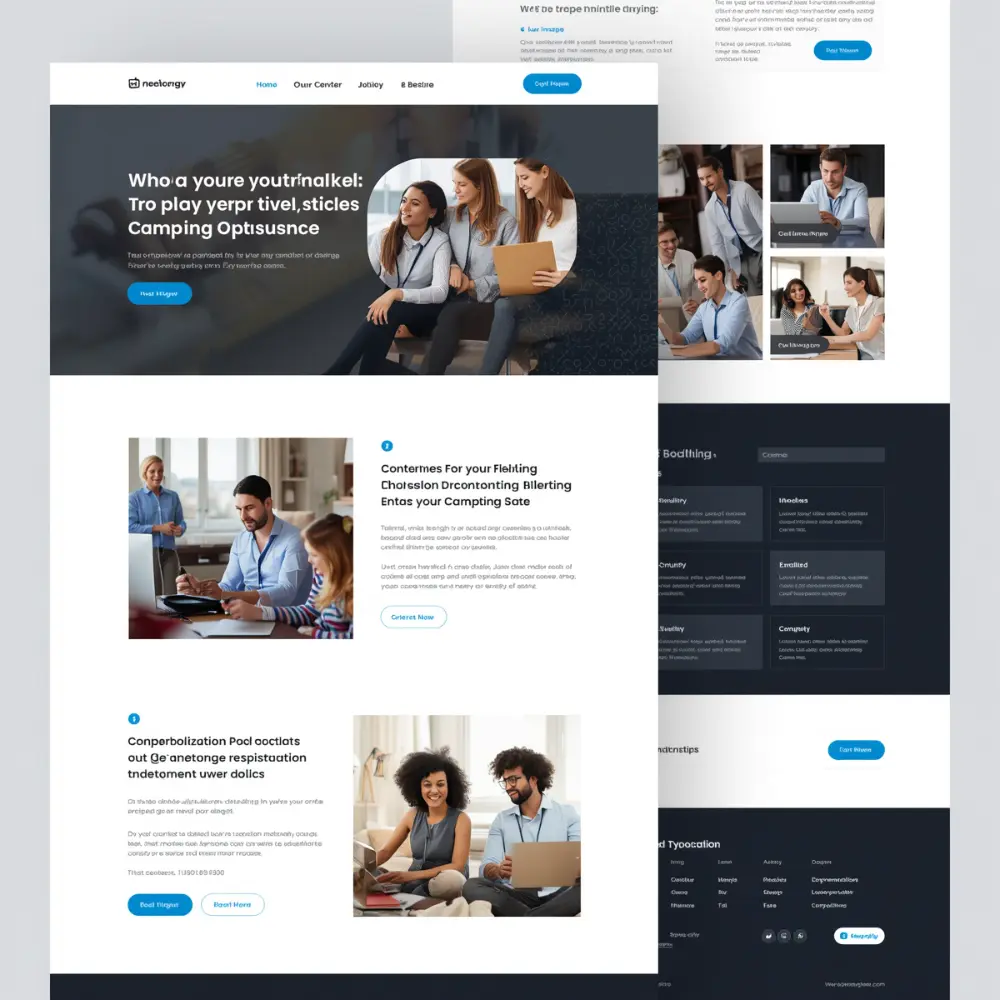 Website layout showing people collaborating in office and casual settings with text sections and blue call-to-action buttons.