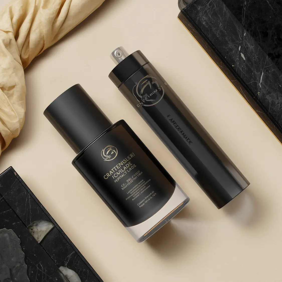 Two black cosmetic bottles on beige surface with black marble accessories and light beige fabric.