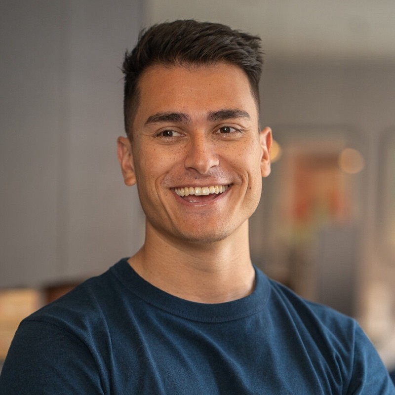 Smiling young man with short dark hair wearing a dark blue shirt in a softly lit room.