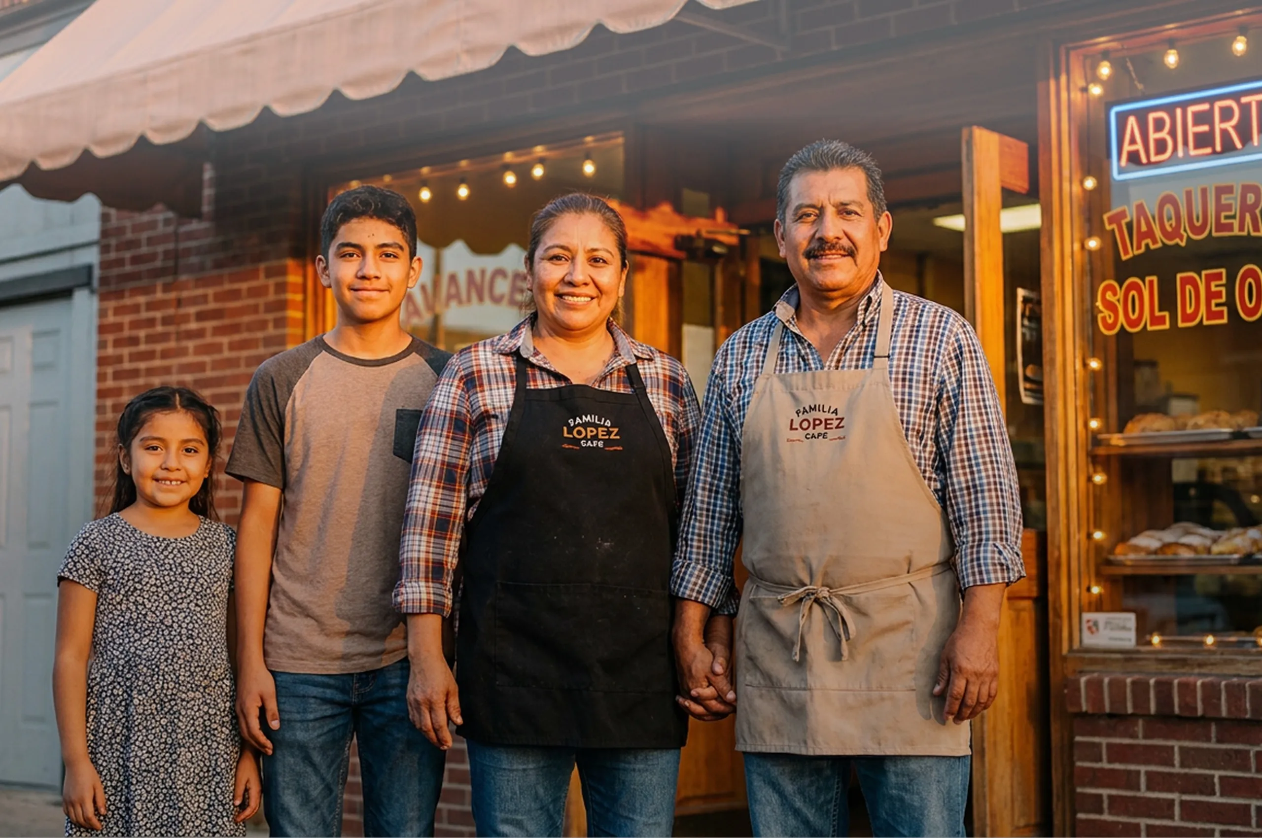 Familia sonriente de cuatro personas frente a su negocio con delantales de Familia Lopez Cafe.