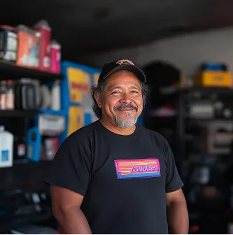 Hombre sonriente con gorra y camiseta negra en un taller con estantes llenos de cajas y herramientas.