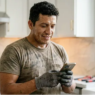 Hombre con camiseta sucia y guantes revisando su celular en una cocina moderna.