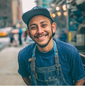 Hombre sonriente con gorra y delantal azul en una calle urbana desenfocada.
