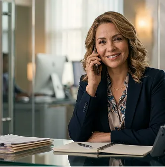 Mujer de negocios sonriente usando un teléfono móvil en una oficina con escritorio y documentos.