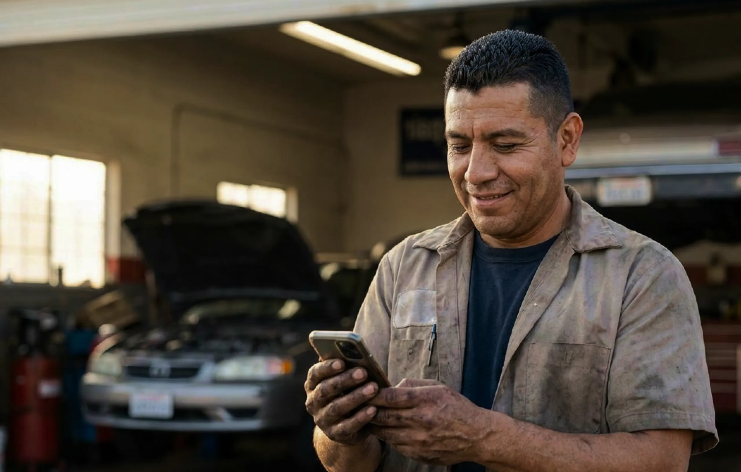 Mecánico con ropa sucia revisa su teléfono con un coche abierto en un taller al fondo.