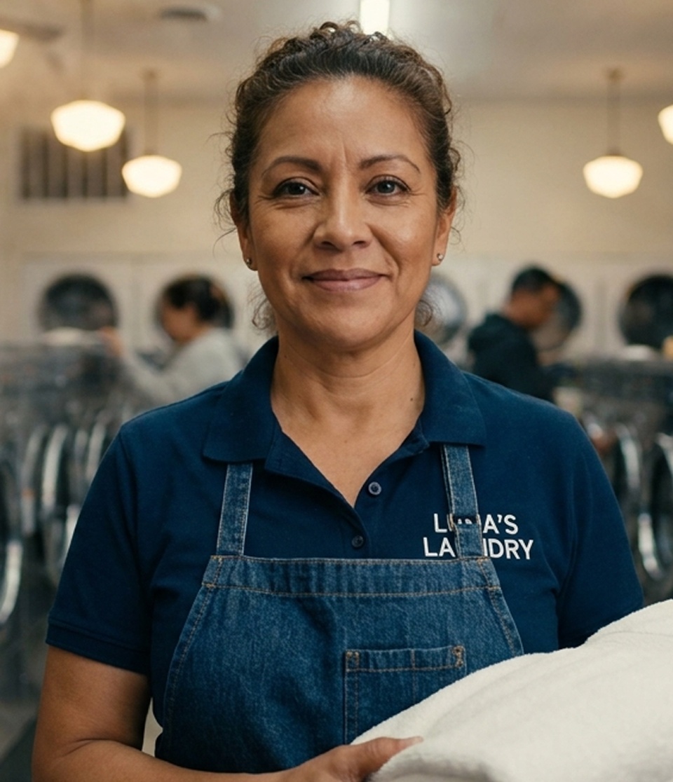 Mujer con delantal y camisa azul en lavandería sosteniendo toallas blancas dobladas.