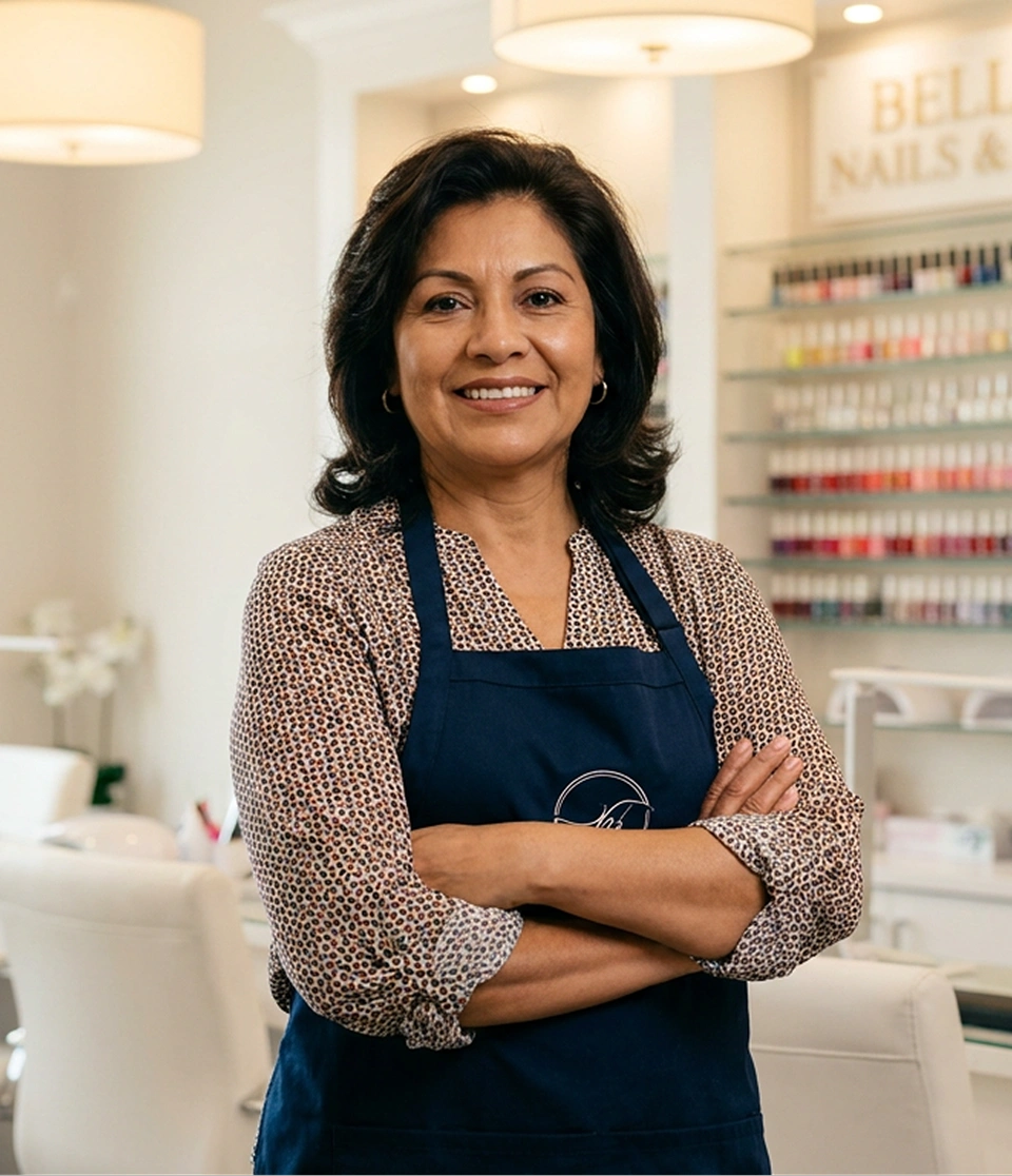 Mujer sonriente con delantal azul en salón de uñas, con estante de esmaltes de fondo.