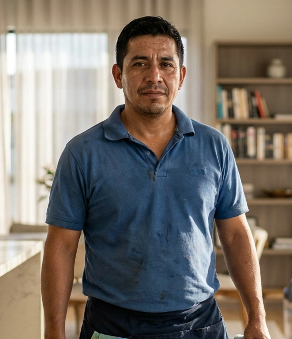 Hombre con camiseta azul manchada y delantal en cocina con estantes de libros detrás.