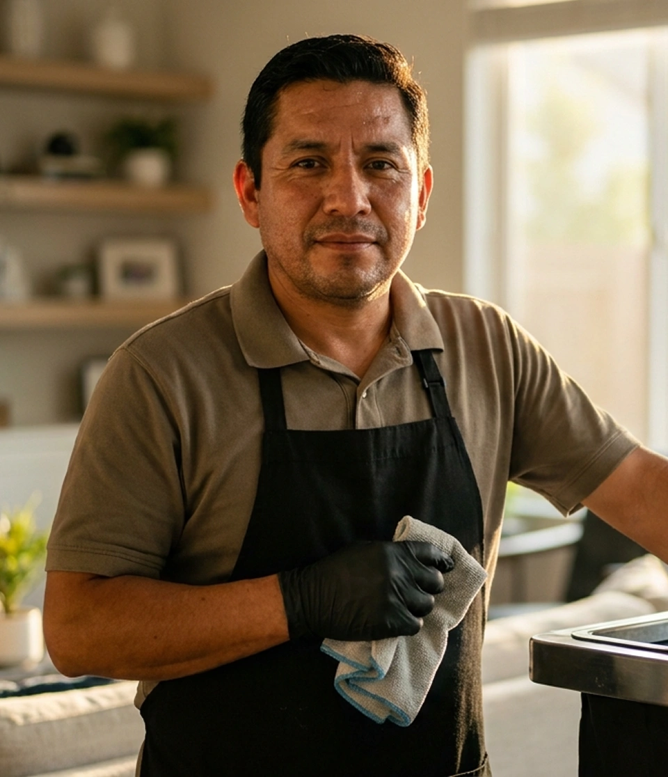 Hombre con guante negro y delantal limpiando con un trapo en una cocina luminosa.
