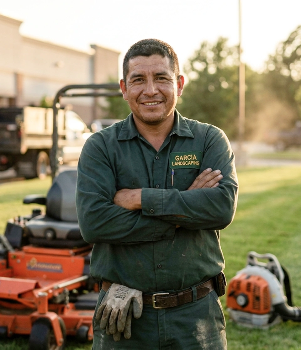 Hombre con uniforme de jardinería verde y guantes, sonriendo frente a maquinaria de césped al aire libre.