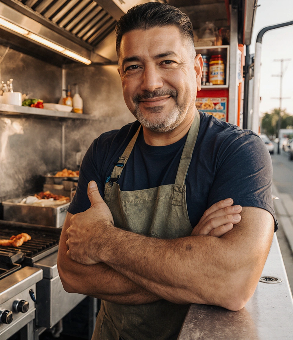 Chef sonriente con delantal verde cruzando los brazos en una cocina de food truck.