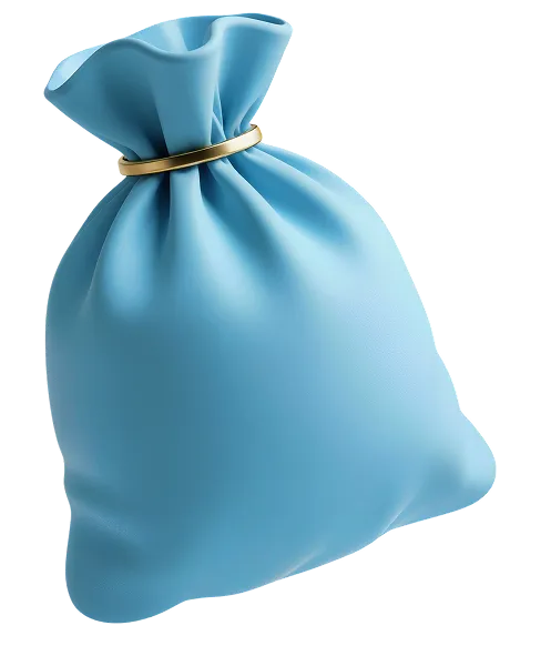 Bolsa azul cerrada con una cinta dorada alrededor del cuello.
