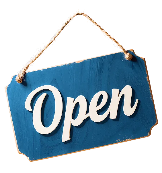 Cartel azul colgante con la palabra 'Open' en letras blancas.