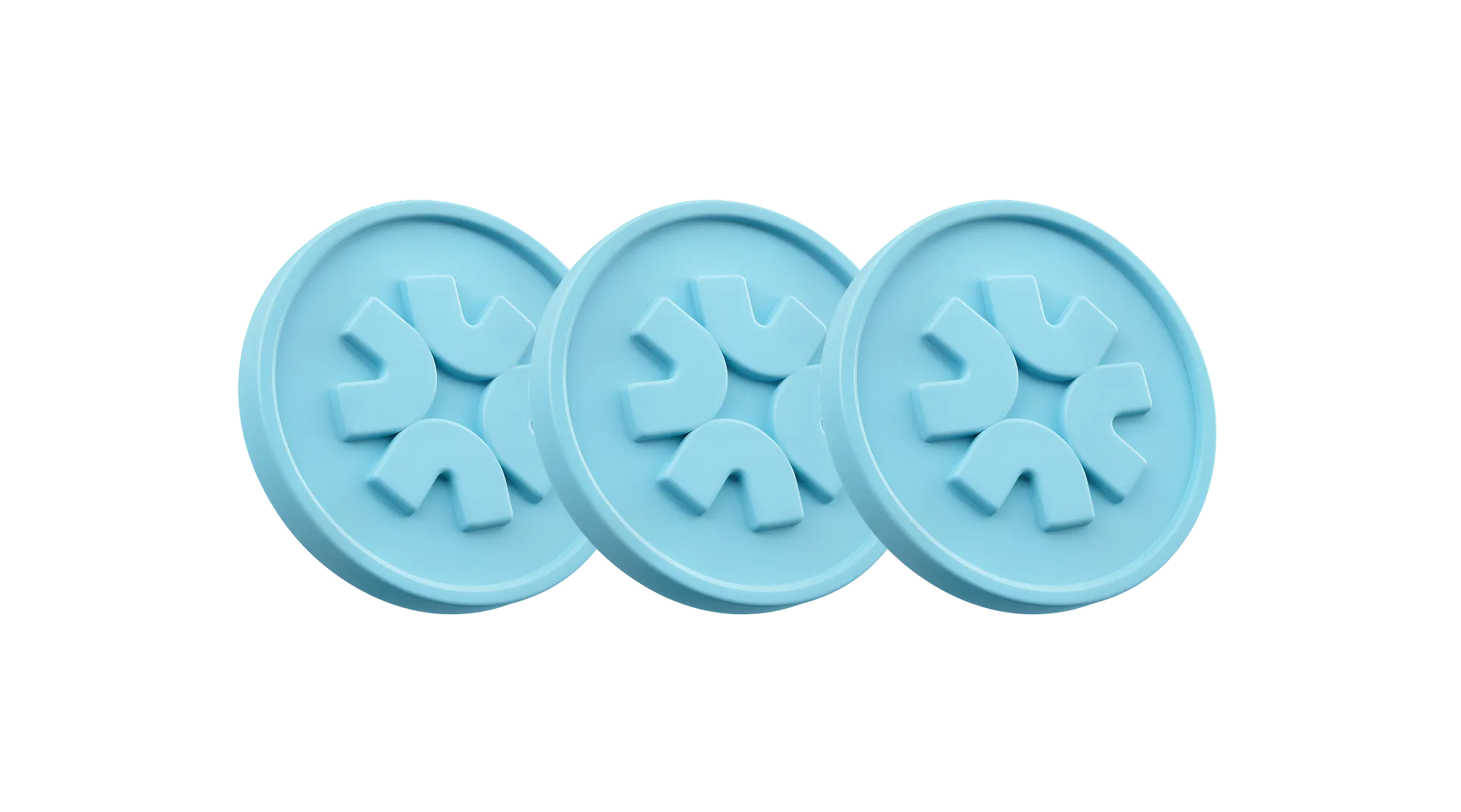 Tres monedas azules con símbolo de coronavirus en relieve.