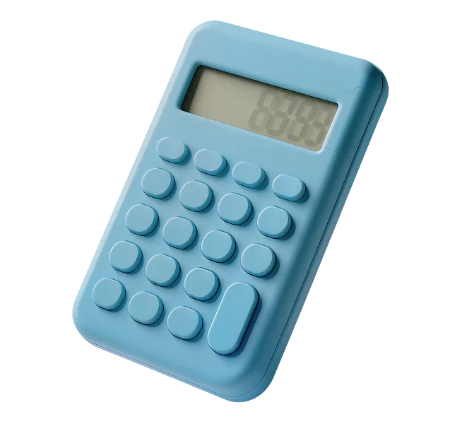 Calculadora azul con pantalla que muestra el número 8649.