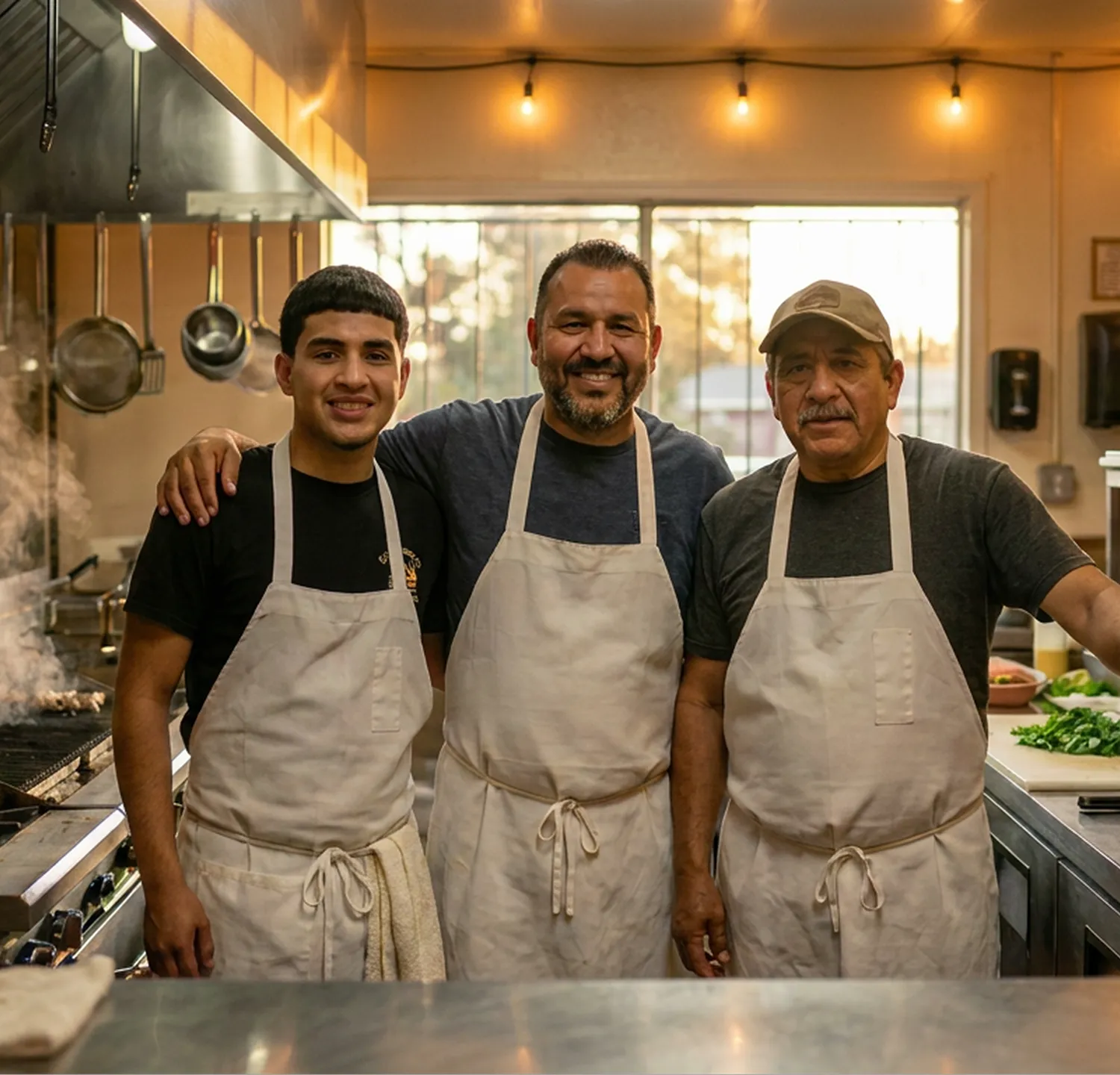 Tres hombres con delantales en una cocina profesional posan sonrientes junto a una parrilla humeante.