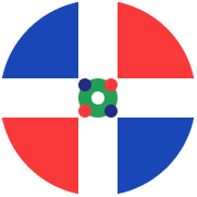 Bandera de República Dominicana con cruz blanca, triángulos azules y rojos, y escudo central.