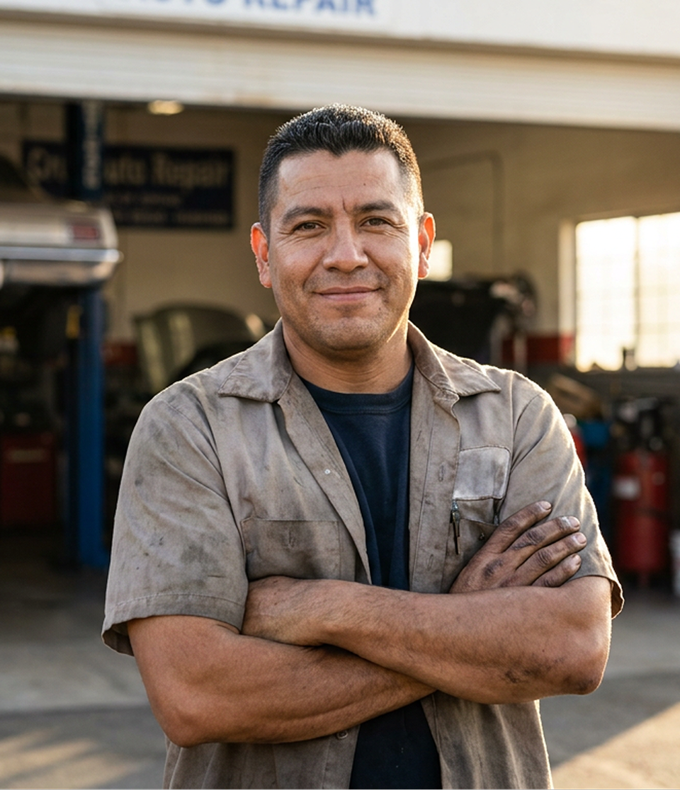 Mecánico sonriente con camisa sucia y brazos cruzados frente a un taller de autos.