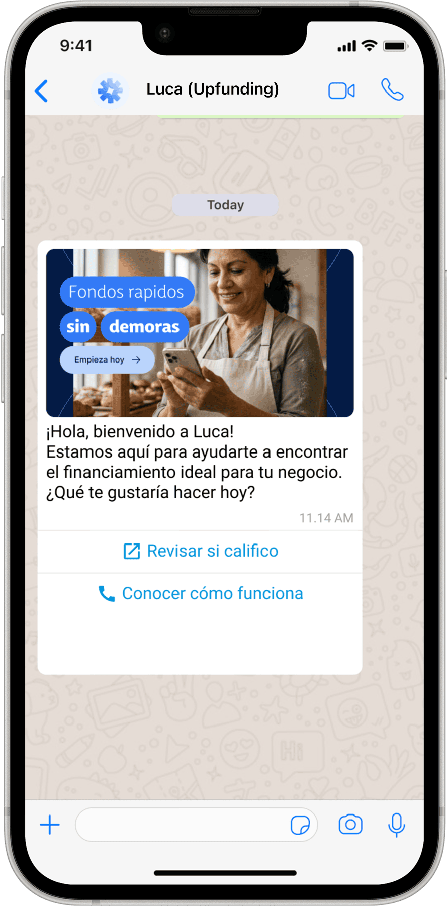 Chat de bienvenida de Luca con oferta de fondos rápidos sin demoras y opciones para calificar o aprender.